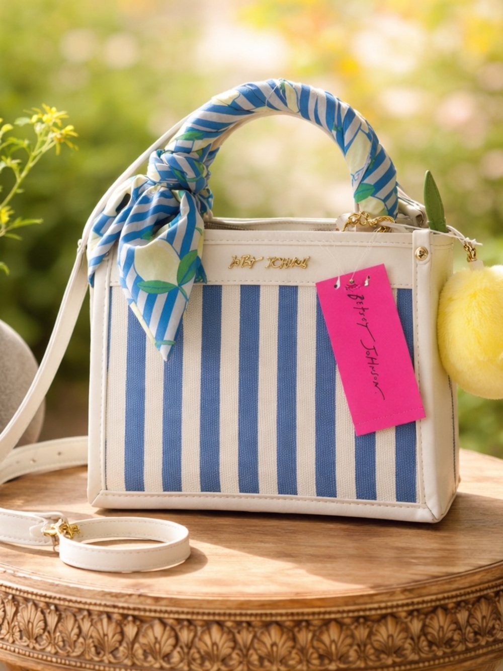 Betsey Johnson Blue & White Striped Top-Handle Satchel